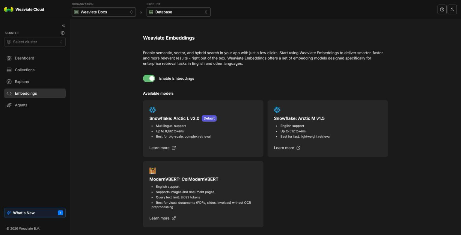 The Weaviate Embeddings page with the Enable Embeddings toggle and the available embedding models
